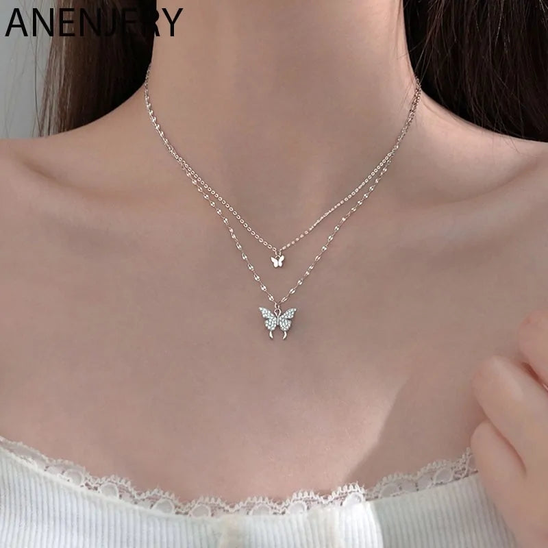 Collar ANENJERY de Plata de Ley 925 con Mariposa de Circonitas: Joyería Delicada de Doble Capa